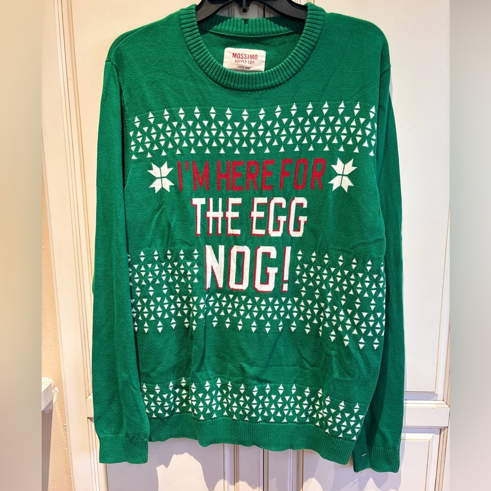 Like NEW Christmas Sweater Mossimo Size L cotton green I’M HERE FOR THE EGG NOG
